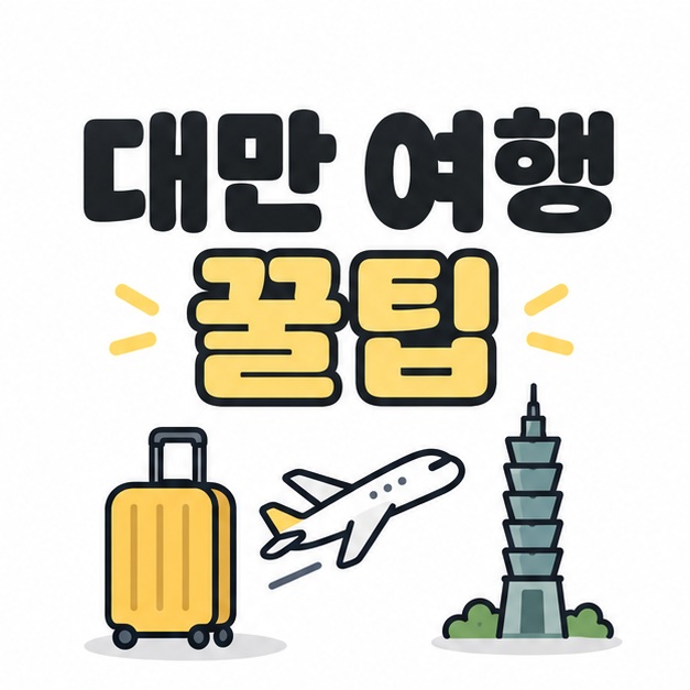 대만 여행 꿀팁이라는 제목과 여행 가방, 비행기, 타이베이 건물 실루엣을 배치한 대표 이미지
