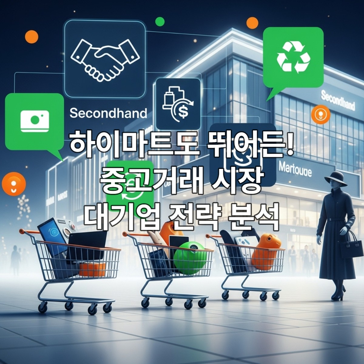 유통업계 대기업들이 중고거래 시장에 진출하며 가치소비와 순환경제를 상징하는 현대적인 쇼핑 환경