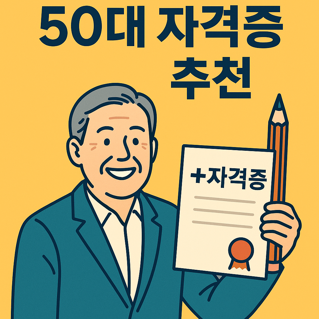 자격증을 들고 환하게 웃는 50대 남성의 일러스트: 밝은 노란 배경 위에 "50대 자격증 추천"이라는 문구가 강조되어 있음