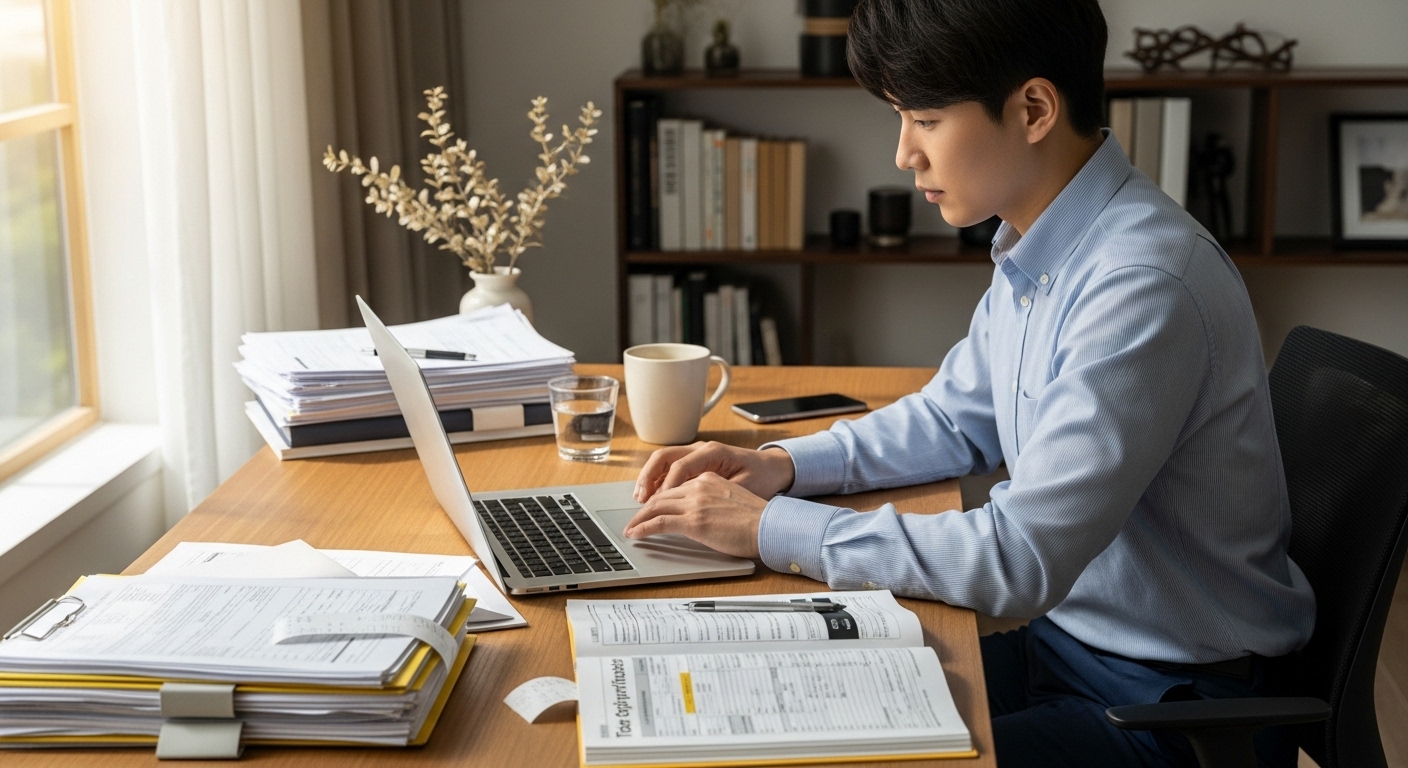 현대적인 한국 직장인이 밝은 홈 오피스에서 세금 서류를 검토하며 노트북으로 일하는 모습