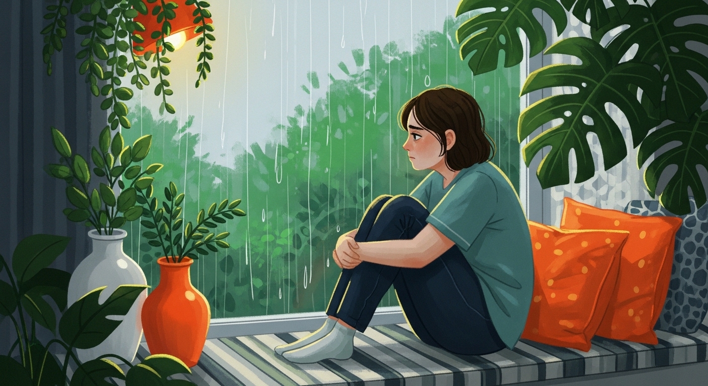 활기찬 여름날, 창가에 앉아 밖의 눅눅한 날씨를 보며 곤란해하는 인물의 일러스트.