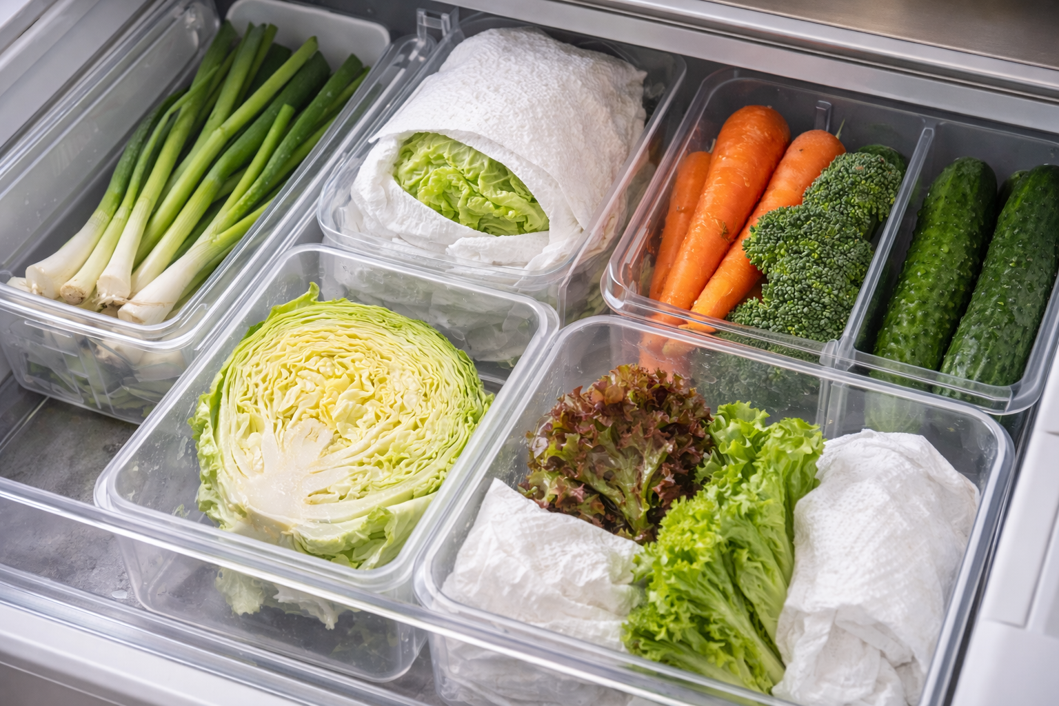 채소 종류에 따라 다르게 정리된 냉장고 보관 모습