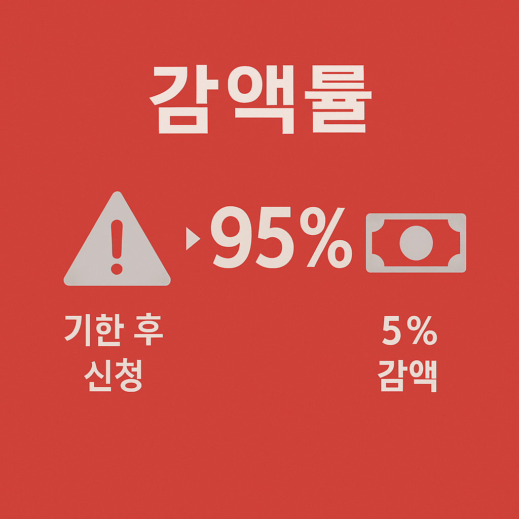 2025년 근로장려금 기한후 신청 시 5% 감액되어 실제 지급액이 95%로 줄어드는 내용을 시각적으로 강조한 인포그래픽으로 신청자들의 주의가 필요함을 알려줍니다.