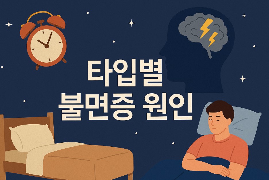 이미지에는 스트레스에 시달리는 사람, 밝은 조명과 전자기기가 있는 침실, 그리고 자기 전 스마트폰을 사용하는 인물이 각기 다른 공간에 묘사되어 있다. 가운데에는 굵고 선명한 흰색 한글로 "타입별 불면증 원인"이라는 문구가 강조되어 있으며, 각 장면은 밤을 상징하는 어두운 배경과 대비를 이룬다. 전반적으로 각기 다른 불면증 원인을 시각적으로 표현한 구성이며, 문제와 해결의 흐름이 한 장면에 녹아 있다.