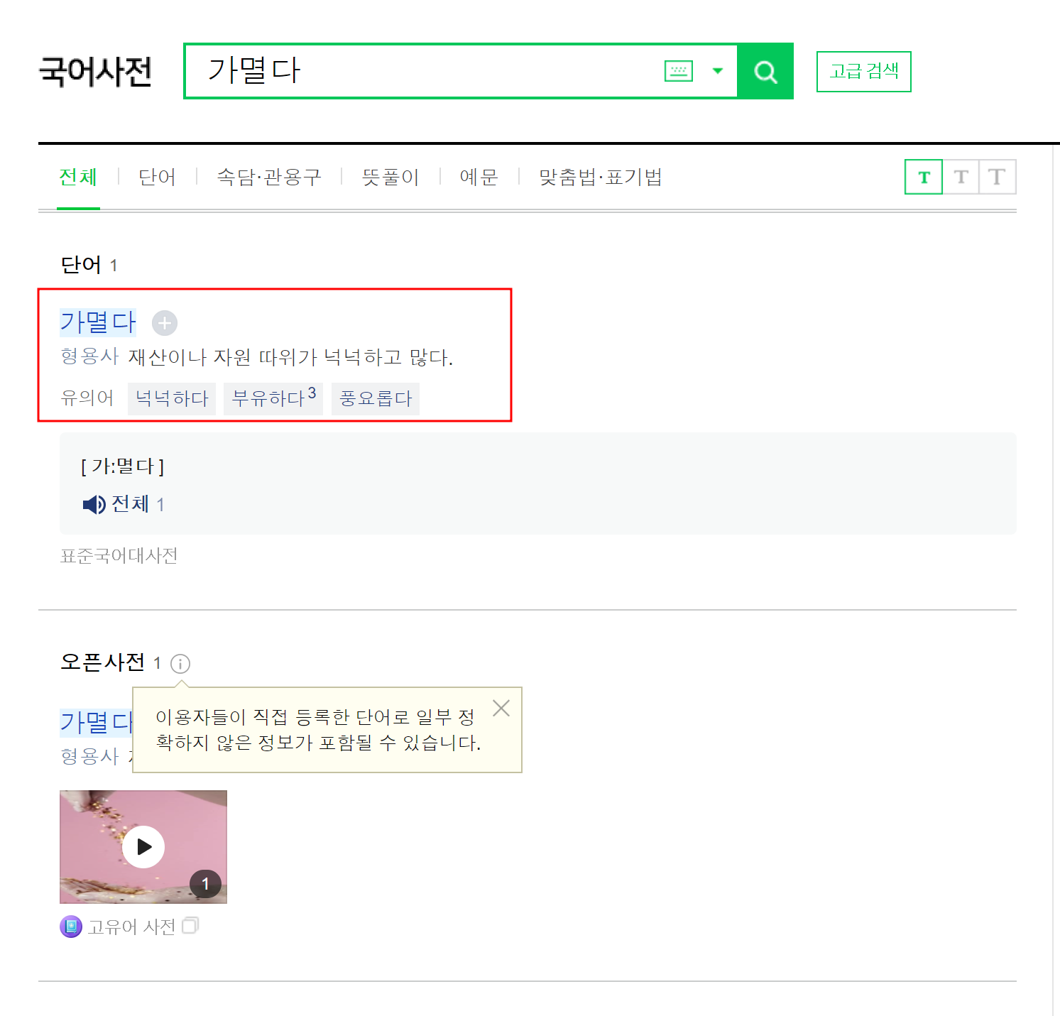 네이버 사전 검색 결과