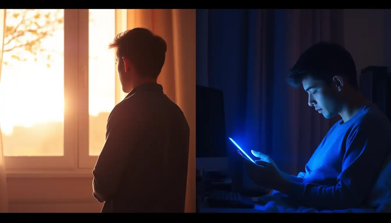 좌측은 아침 햇살이 들어오는 창가에서 자연광을 받는 사람, 우측은 밤에 스마트폰을 보는 사람으로 나뉜 화면. 자연광과 인공청색광의 대비를 뚜렷하게 보여줌.