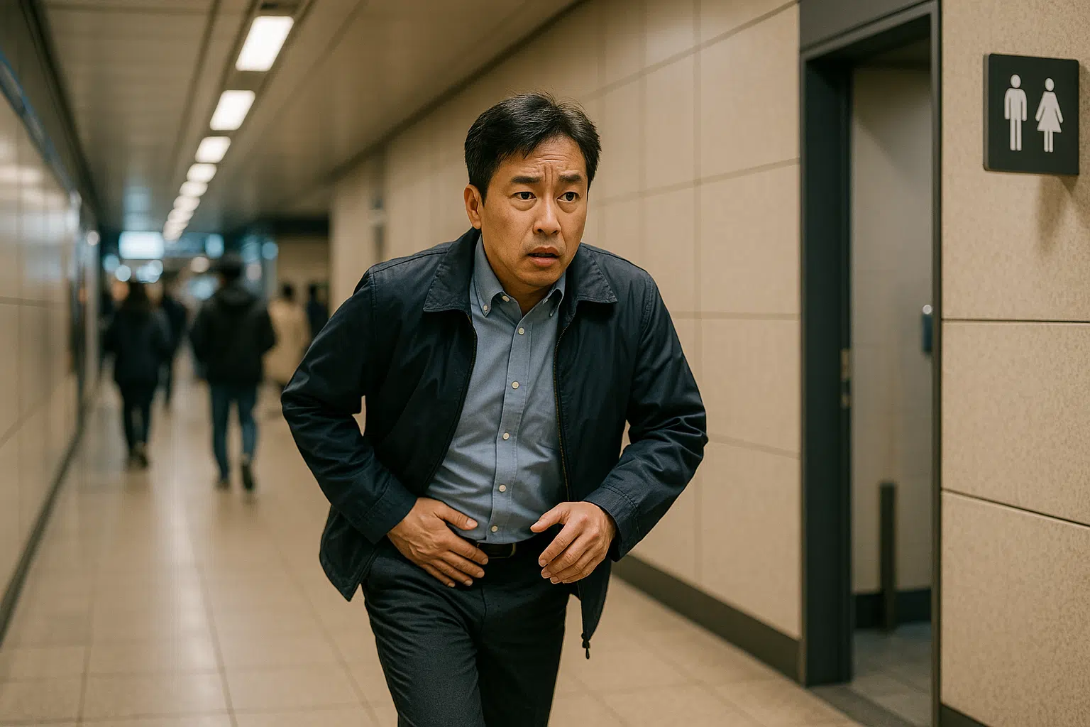 외출 중 갑자기 화장실을 급히 찾는 중년 남성, 불안한 표정