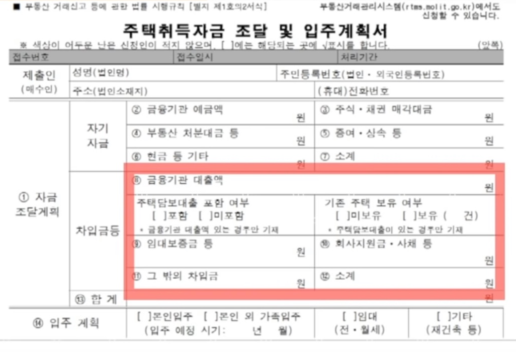 주택자금조달계획서 작성 양식