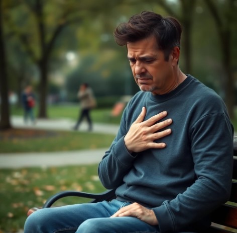 혈압이 높아지는 초기증상인 숨가쁨으로 앉아있는 남성