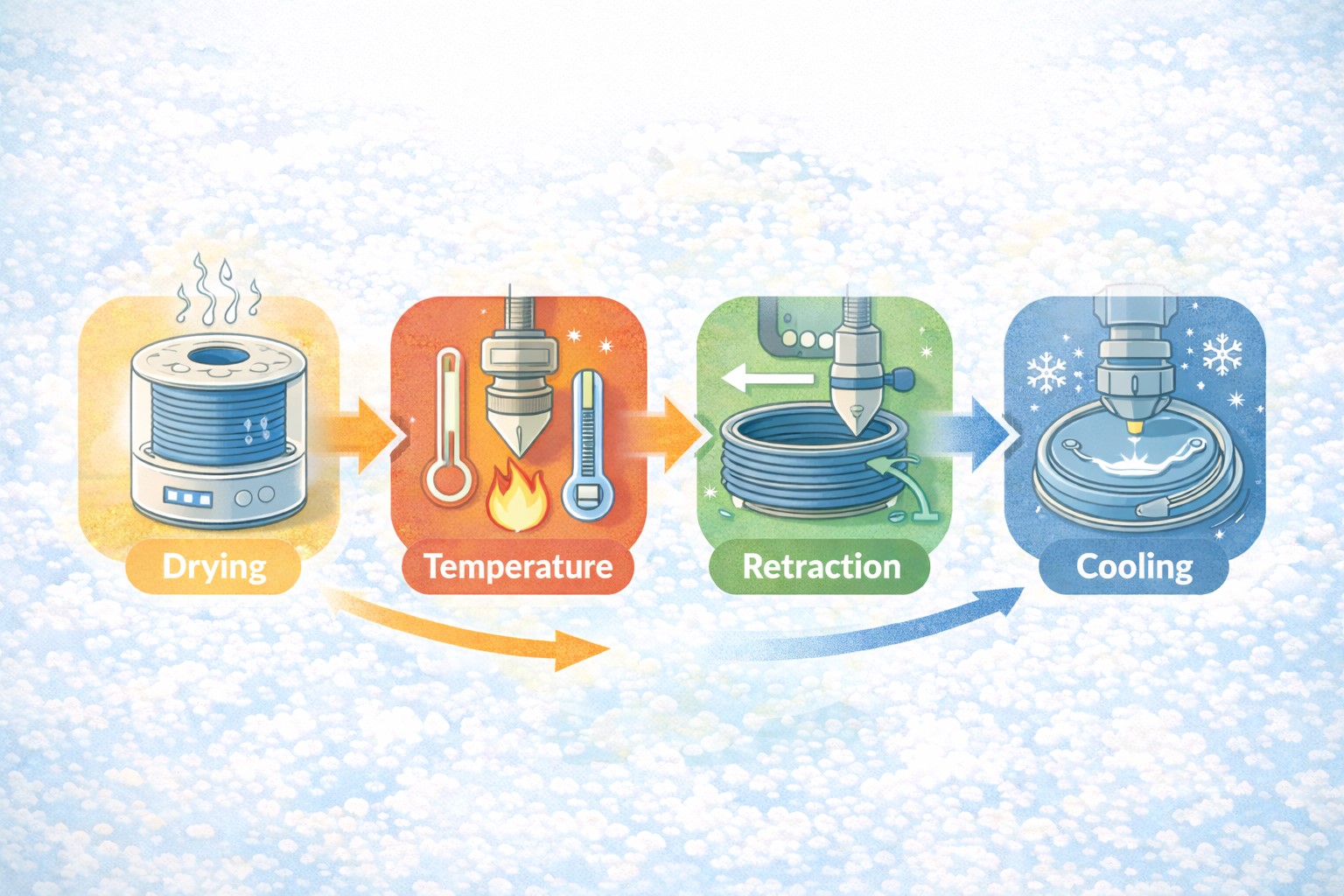 재활용 필라멘트 출력 실패를 줄이기 위해 건조 온도 리트랙션 냉각을 순서대로 점검하는 아이콘 흐름도 요약 다이어그램 이미지