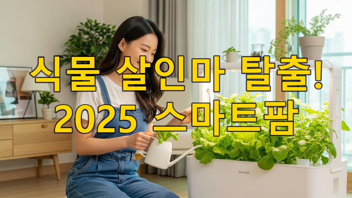 환하게 웃는 한국인 여성이 집 거실에 놓인 세련된 스마트팜 재배기에서 신선한 채소를 가꾸고 있는 모습