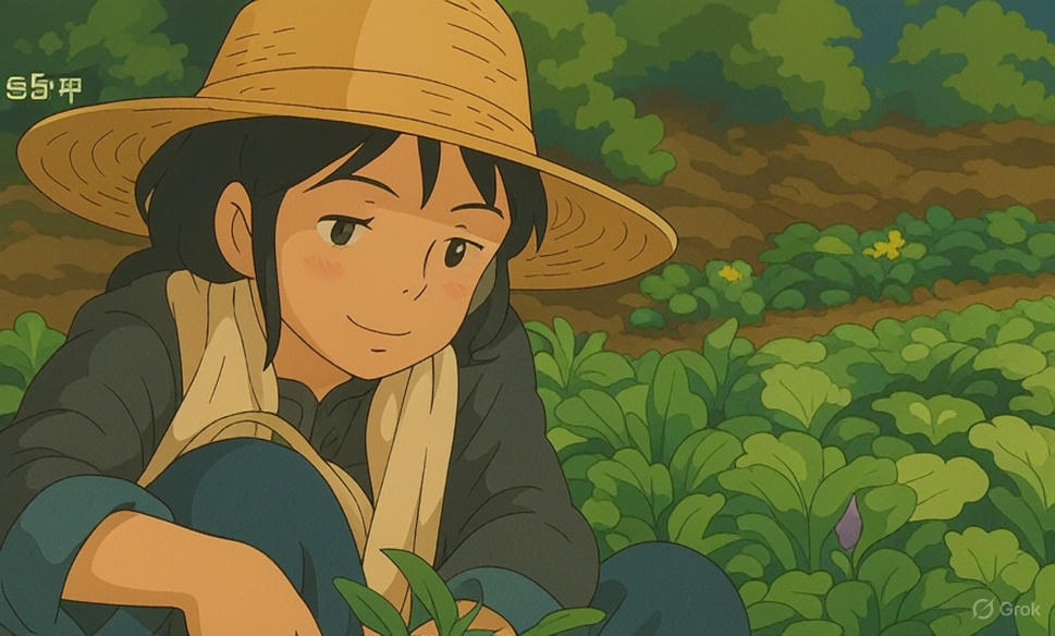 텃밭에서 앉아있는 어린이의 지브리 스타일 이미지