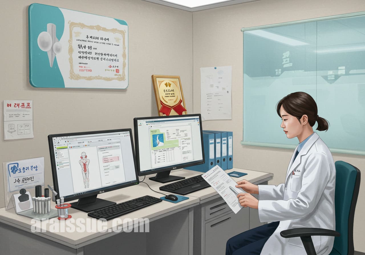 의사가 검진기관 평가를 진행하는 장면.