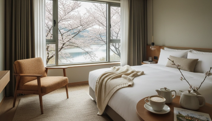 벚꽃과 호수 전경이 보이는 비수도권의 모던하고 아늑한 호텔 객실. 1박 여행에 어울리는 평화로운 분위기입니다.