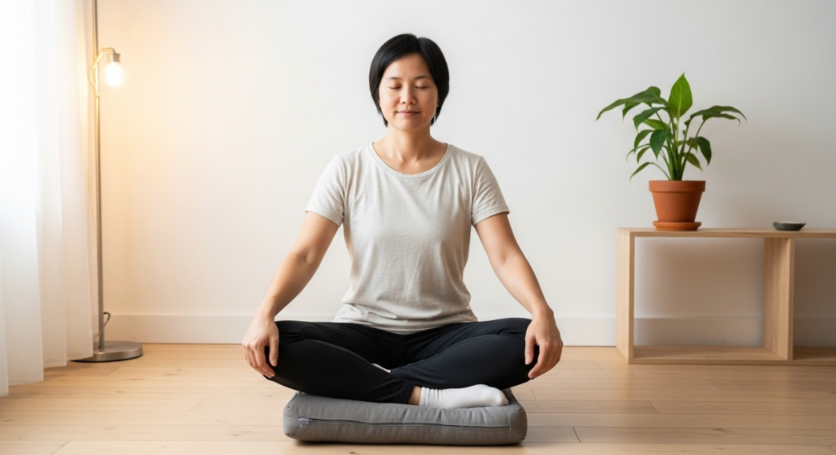명상 초보자를 위한 올바른 자세와 편안한 환경을 보여주는 차분한 실내 이미지.