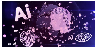 보라색 계열의 디지털 배경 위에 AI 텍스트, 인간 얼굴 실루엣, 뇌와 눈 아이콘이 배치된 인공지능 콘셉트 이미지