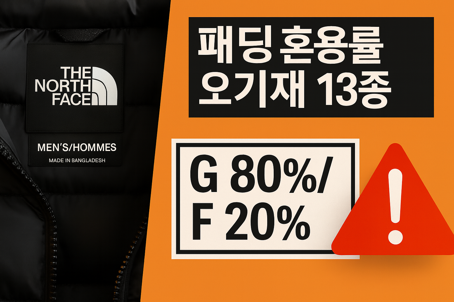 “노스페이스 패딩 충전재 혼용률 오기재 논란을 알리는 뉴스형 썸네일 이미지. 패딩 내부 라벨과 ‘패딩 혼용률 오기재 13종’, ‘G80% / F20%’, 경고 아이콘이 강조된 그래픽.”