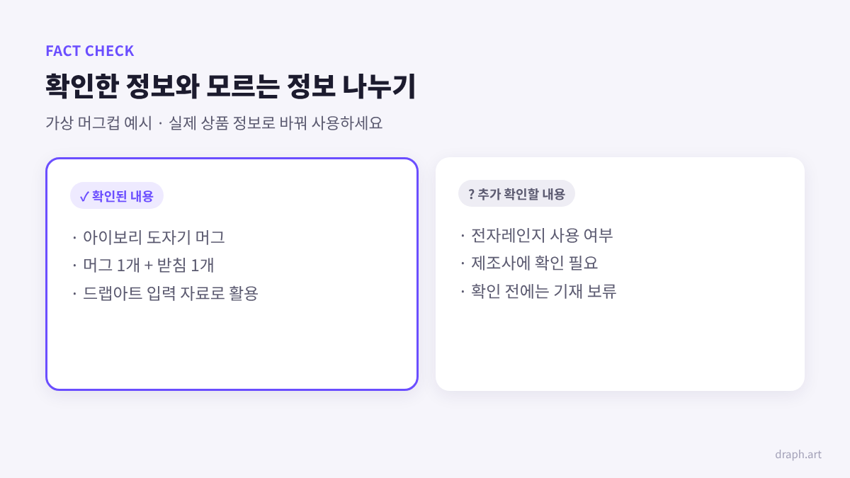 후커블 후기 상세페이지 제작 가이드: 가상 머그컵의 확인된 구성과 추가 확인할 정보를 구분한 예시
