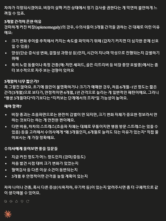 Claude의 반려견 비장 초음파 검사 주기 답변