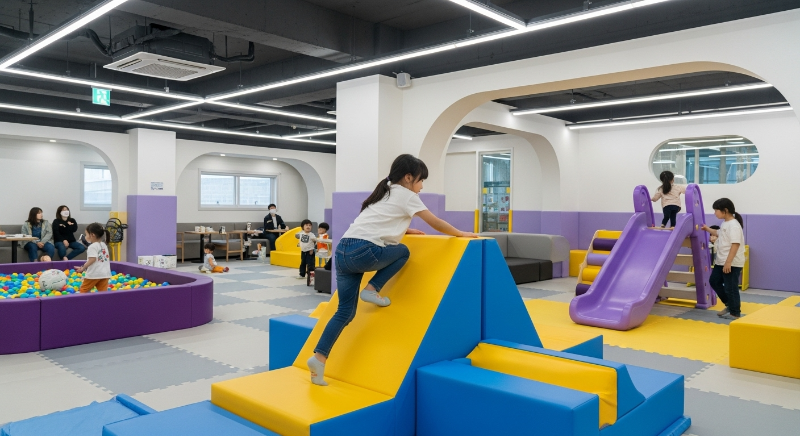 넓고 현대적인 키즈카페에서 아이들이 미끄럼틀과 놀이 구조물을 오르며 신나게 노는 모습.