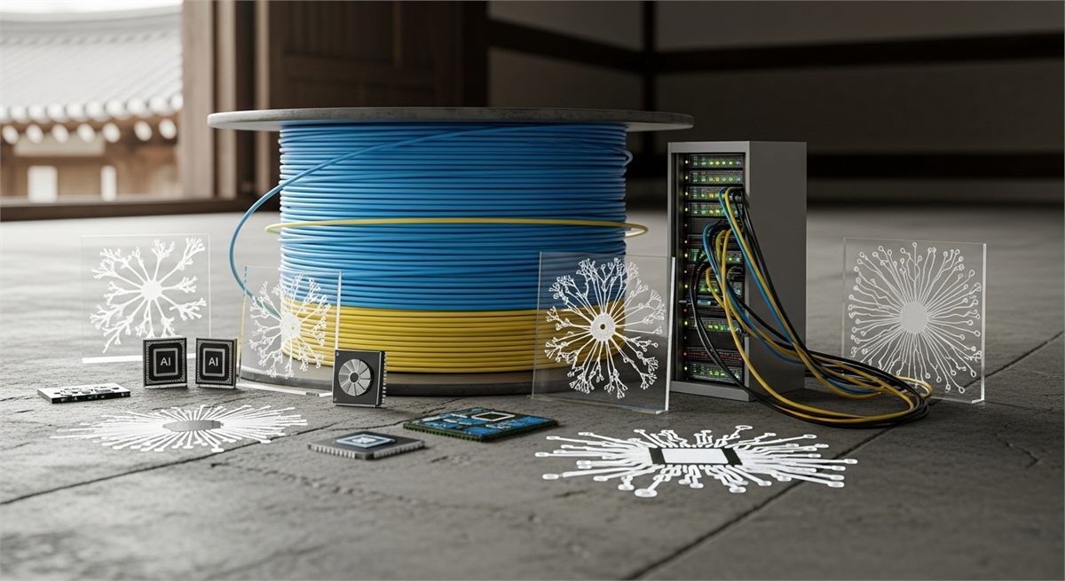  AI 인프라용 광케이블을 상징적으로 보여주는 장면 