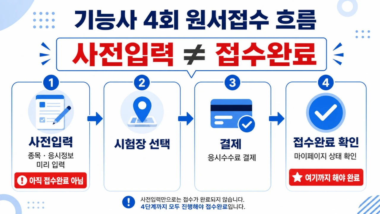 큐넷 사전입력부터 시험장 선택 결제 접수완료까지 순서를 보여주는 인포그래픽