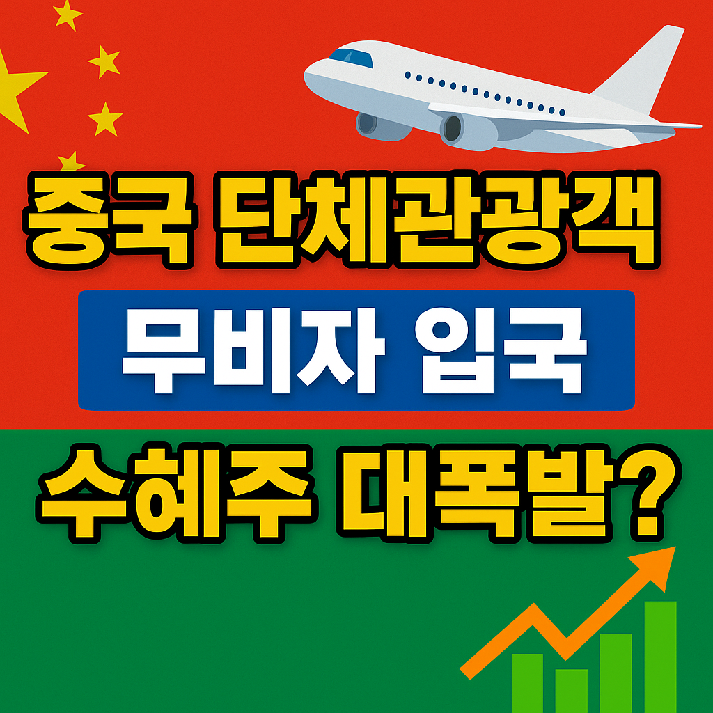중국 단체관광객 무비자 입국 정책과 관련된 수혜주 분석을 시각적으로 표현한 그래픽 이미지, 중국 국기와 비행기, 상승 그래프가 포함됨