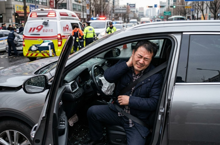 교통사고가 발생해서 목이 아파 목을 잡고 있는 40대