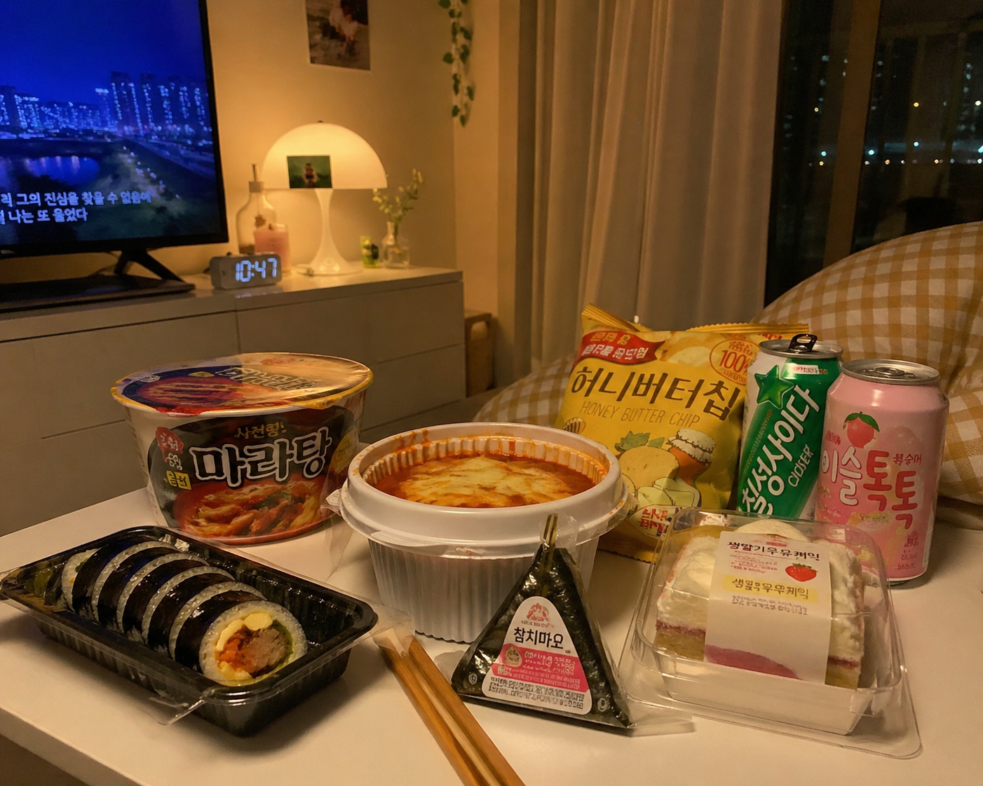 집에서 편의점 음식과 음료를 꺼내 맛있게 먹는 편안한 저녁 풍경