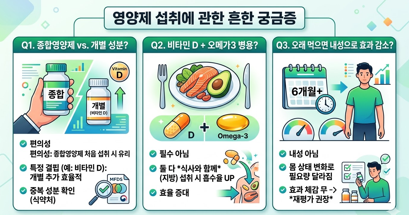 영양제 섭취 관련 Q&amp;A와 복용 방법 및 재평가 기준 정리 이미지