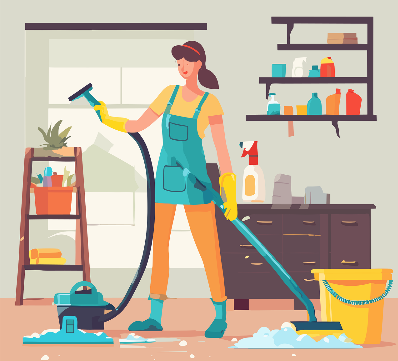 성인 여자가 장갑과 앞치마를 착용하고 청소기와 막대걸레로 집안청소를 하고 있는 일러스트 그림입니다.