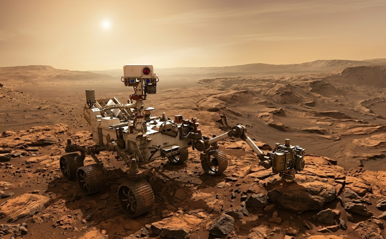 NASA 퍼서비어런스 로버가 화성 예제로 크레이터의 붉은 암석 지형을 탐사하는 모습