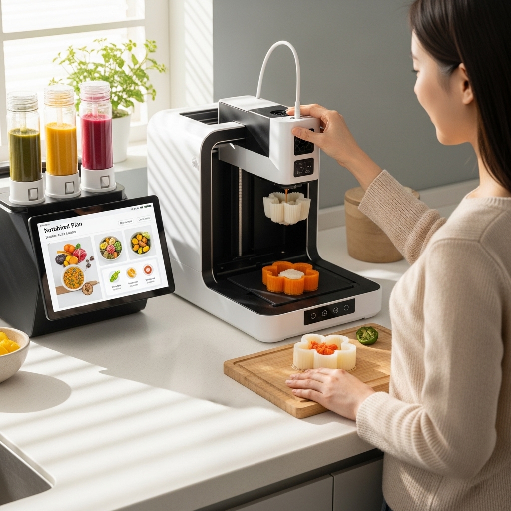 modern kitchen using a 3D food printer to create a nutritious, customized meal