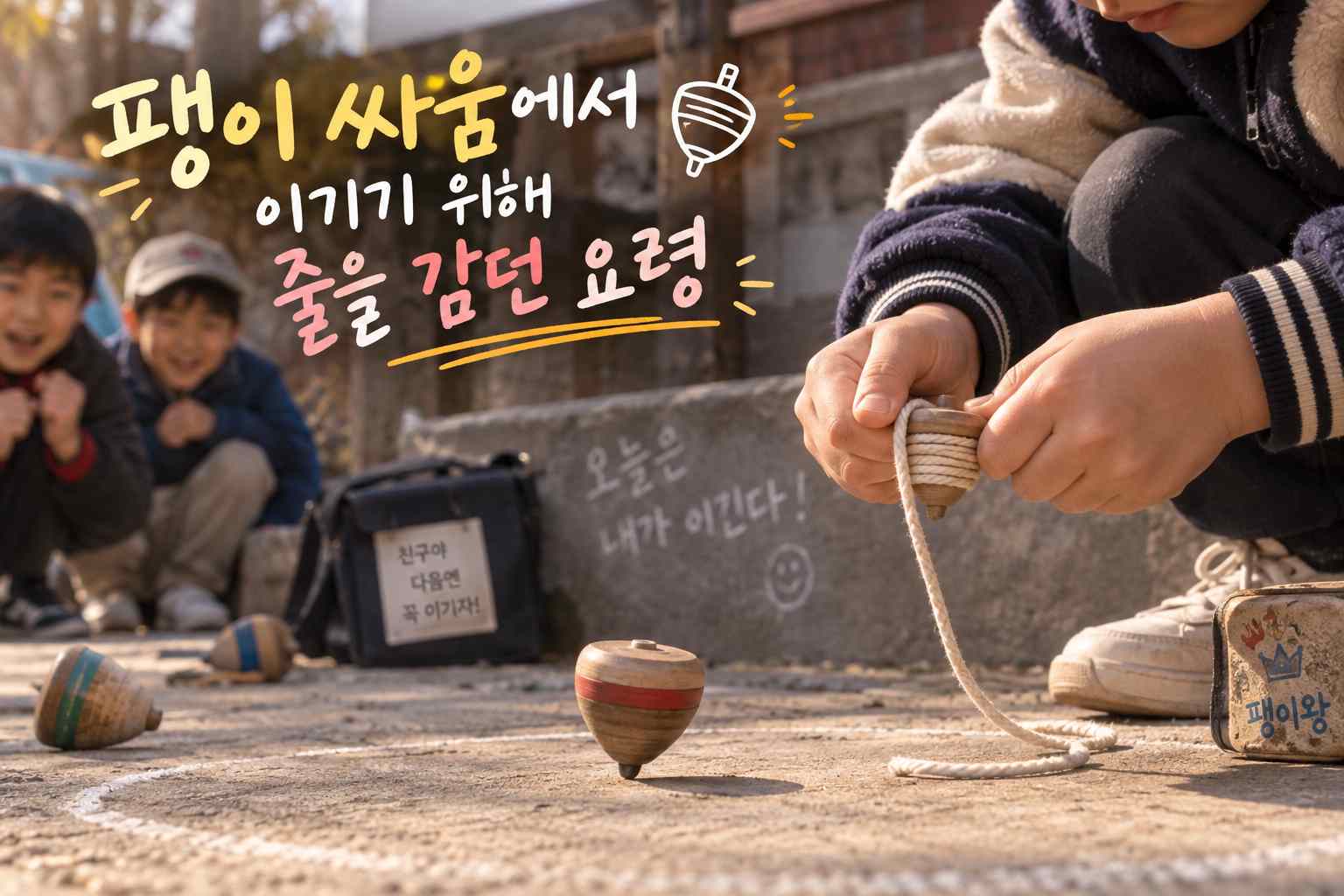 시멘트 놀이터에서 아이가 나무 팽이에 줄을 감고 친구들이 지켜보는 모습과 제목 문구