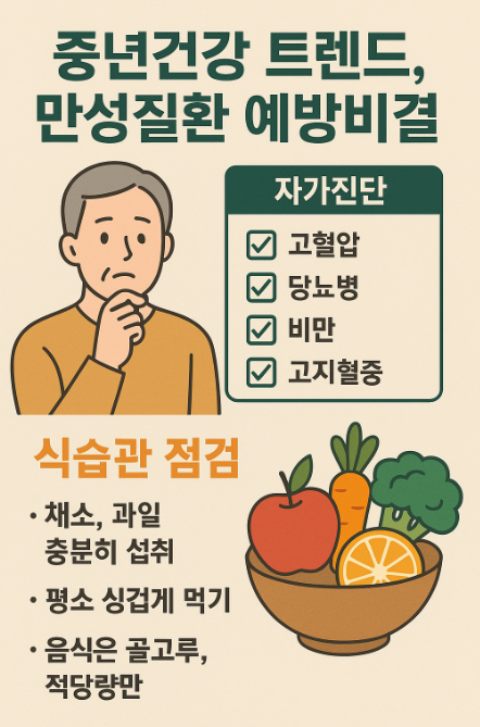 50대 중년건강 트렌드, 만성질환 예방비결 (자가진단, 식습관)