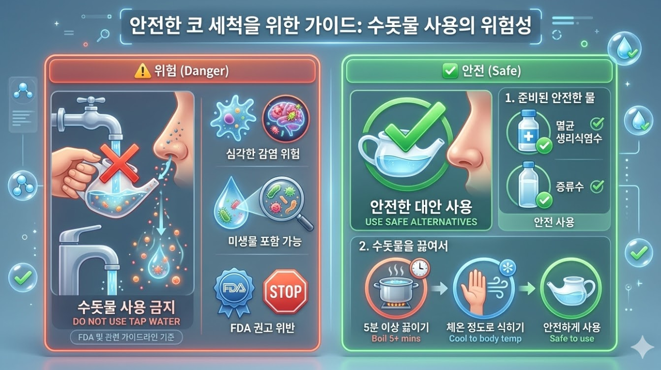 수돗물 코 세척의 위험성과 안전한 대체 방법을 비교한 의료 안내 이미지
