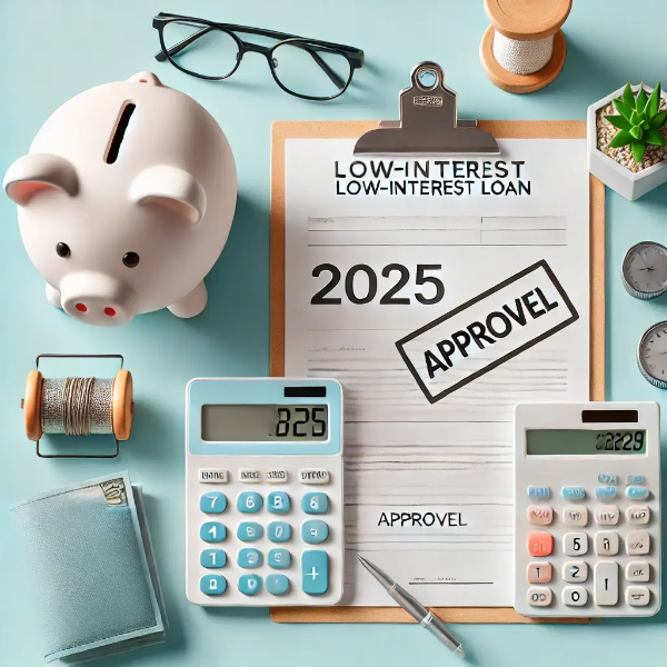 대출 신청서, 저금통, 계산기, 승인 도장이 밝은 배경에 정돈된 이미지, 저금리 금융상품 상징