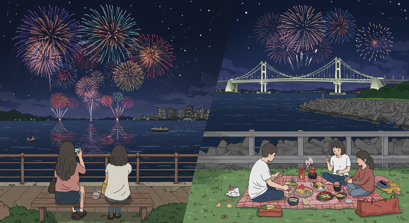 민락수변공원과 방파제에서 즐기는 여유로운 불꽃 관람