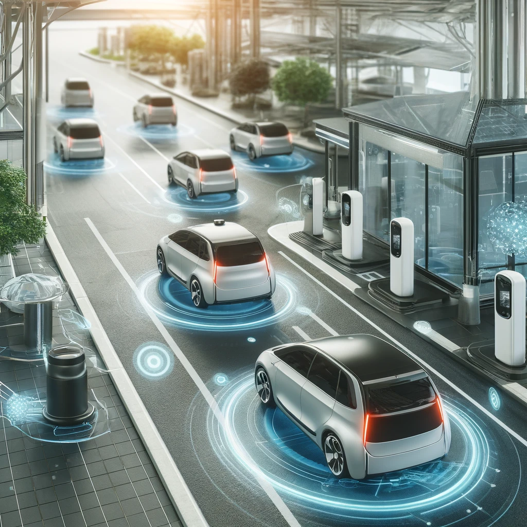 자율 주행 차량이 차량 공유 스테이션에서 운영되는 장면. 혁신과 편리성을 강조하며, 미래지향적인 기술이 돋보이는 환경