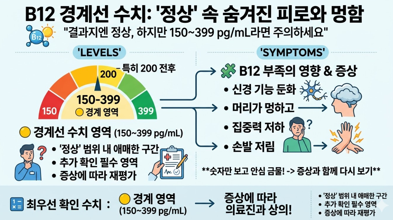 비타민 B12 경계선 수치 150~399 구간 피로와 뇌 안개 증상 설명