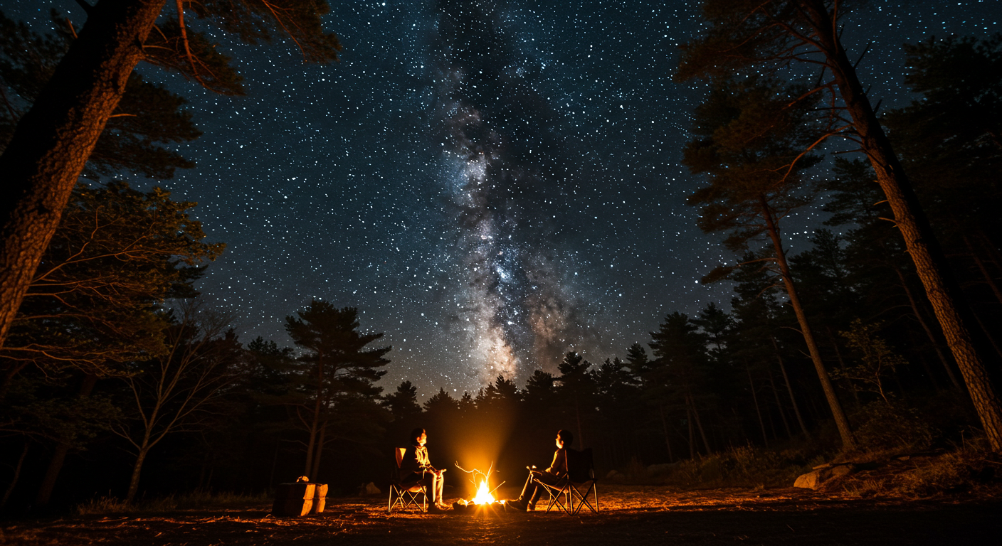 홍천 숲속 캠핑장에서 한국인 커플이 캠프파이어와 함께 별을 감상하는 모습