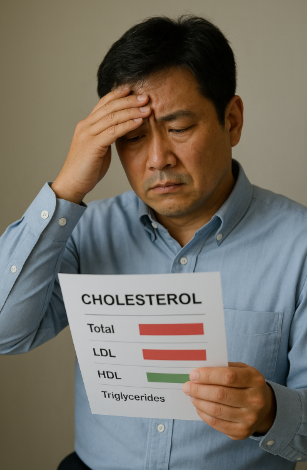콜레스테롤 수치에 고민하고 있는 40대 동양인 남성