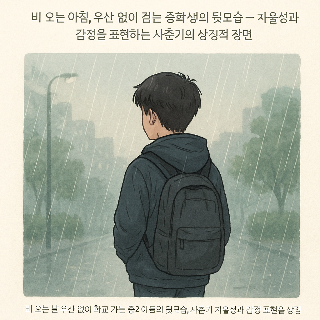 비 오는 날 우산 없이 학교 가는 중2 아들의 뒷모습, 사춘기 자율성과 감정 표현을 상징하는 장면