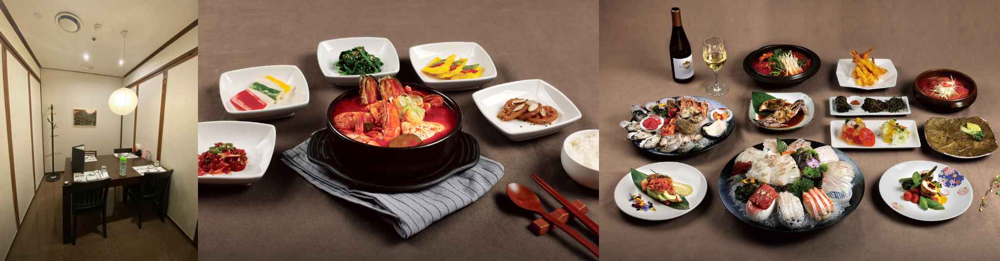 해담채 시청점의 내부 사진과 음식 사진.