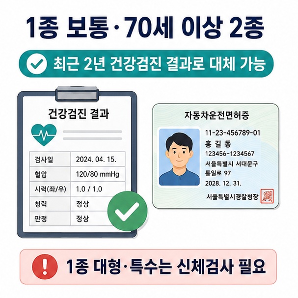 1종 보통과 70세 이상 2종 면허는 최근 2년 이내 국민건강보험공단 건강검진 결과로 신체검사를 대체할 수 있음을 설명한 이미지