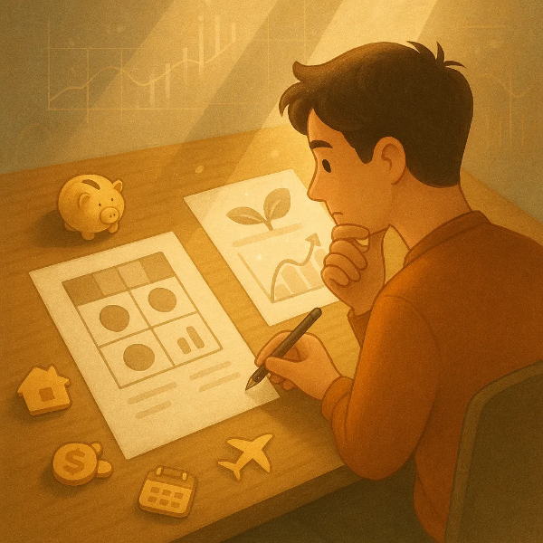 목돈 마련을 계획하는 청년이 두 개의 서류를 비교하며 고민하는 따뜻한 감성의 장면