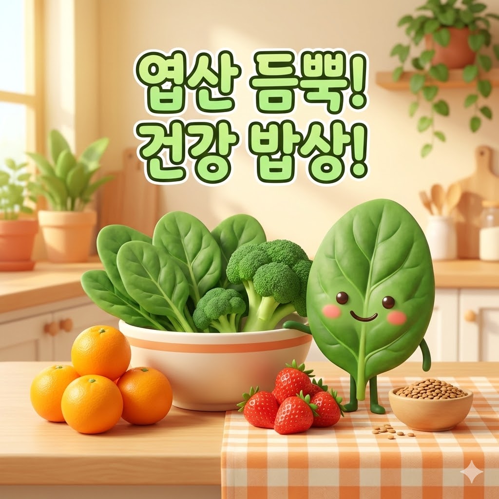 엽산이 풍부한 시금치, 브로콜리, 오렌지, 딸기 등이 푸짐하게 담긴 활기찬 주방 식탁 위에, '엽산 듬뿍! 건강 밥상!'이라는 문구가 쓰여 있는 3D 카툰 일러스트.