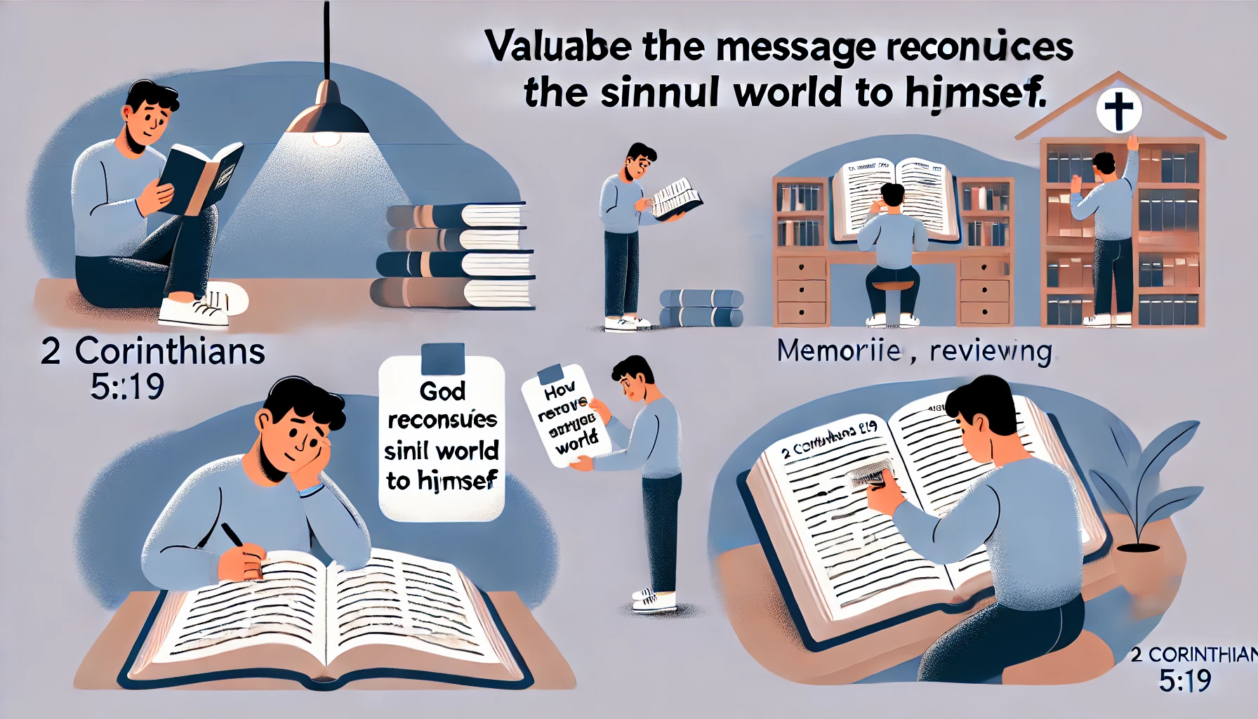 Here are the illustrations showing a modern person valuing the message from 2 Corinthians 5:19, focusing on how God reconciles the sinful world to Himself. The scenes depict the person memorizing, reviewing, and meditating on this precious message. Activities include reading the Bible, writing verses on notecards for memorization, and spending quiet time in reflection and prayer. The environment features a serene and dedicated study space with scriptures, reflecting their dedication to cherishing and internalizing God's message of reconciliation.