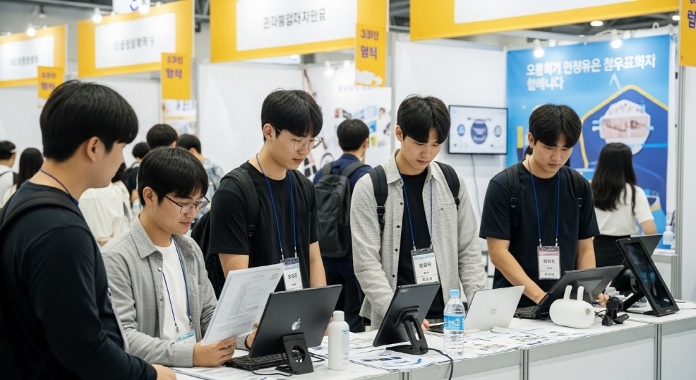 창업 부스를 살펴보는 청년 남성