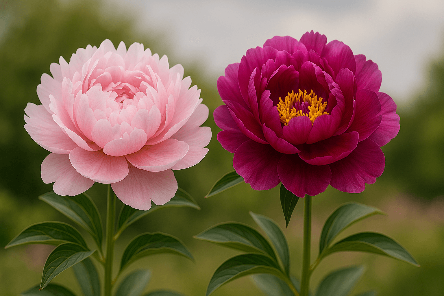 작약과 모란, 두 꽃을 나란히 비교하는 장면